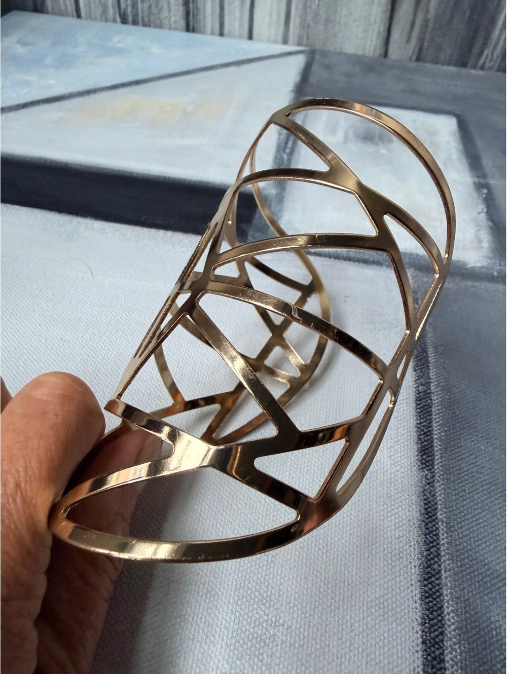 Modernist Gold Tone Architectural Wide Statement Cuff - Picture 4 of 9
